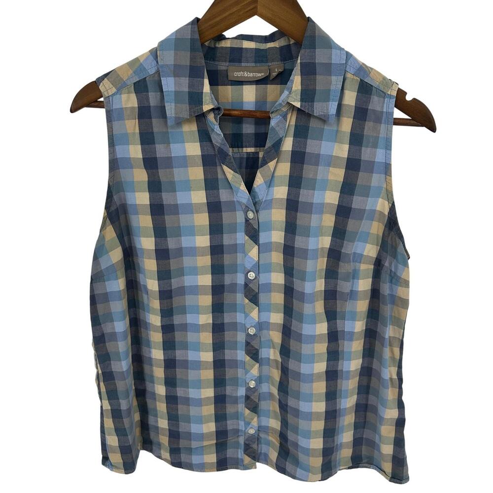 Croft & Borrow‎ Womens Button Up Collard Tank Size Large Plaid FLAWED Mature